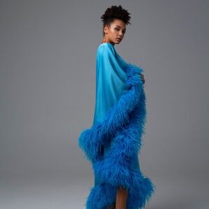 Blue Feather Trim Satin Robe